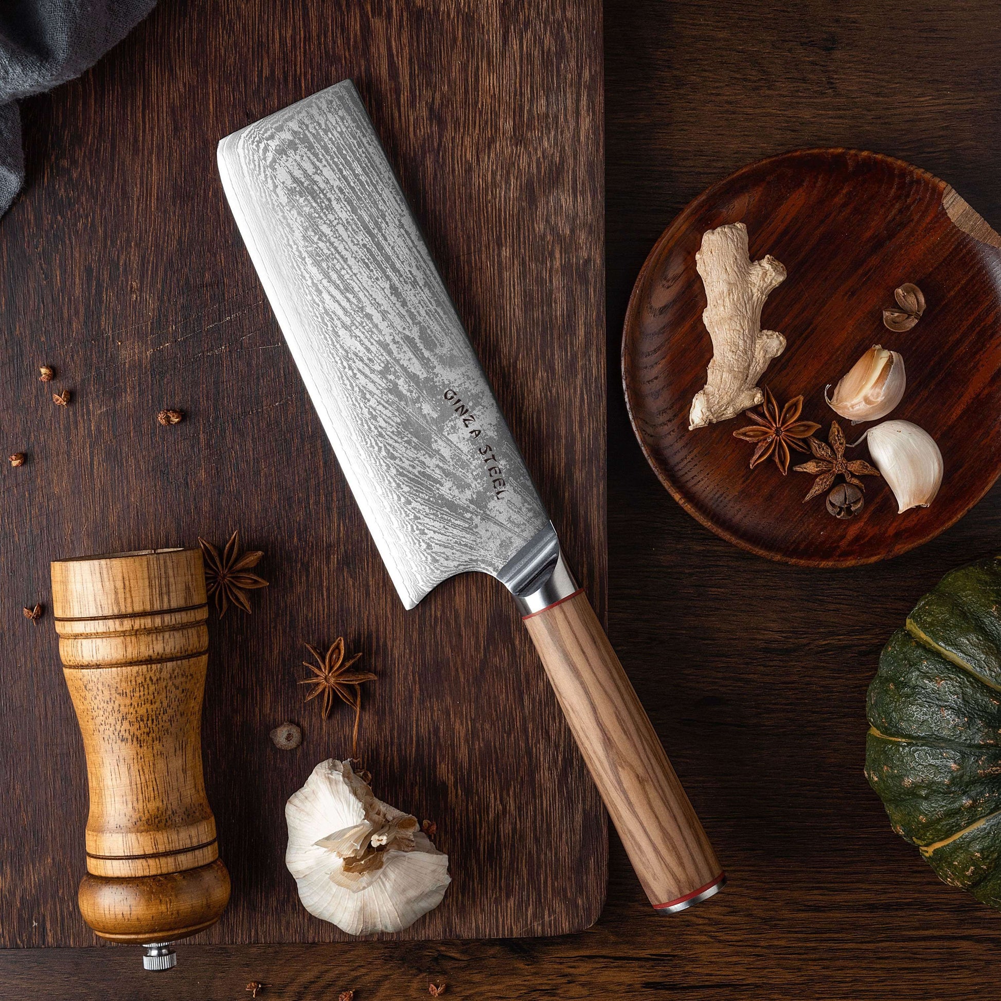 MIA X | Cleaver Knife 7" Damascus AUS10 Steel 67 Layer / Olive Wood handle Ginza Steel