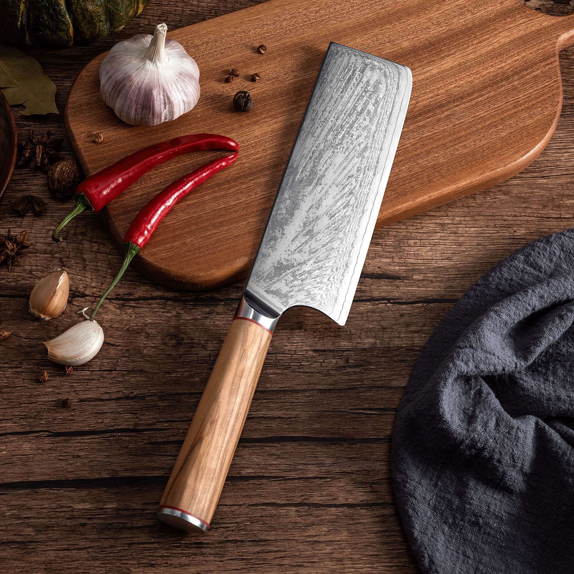 MIA X | Cleaver Knife 7" Damascus AUS10 Steel 67 Layer / Olive Wood handle Ginza Steel