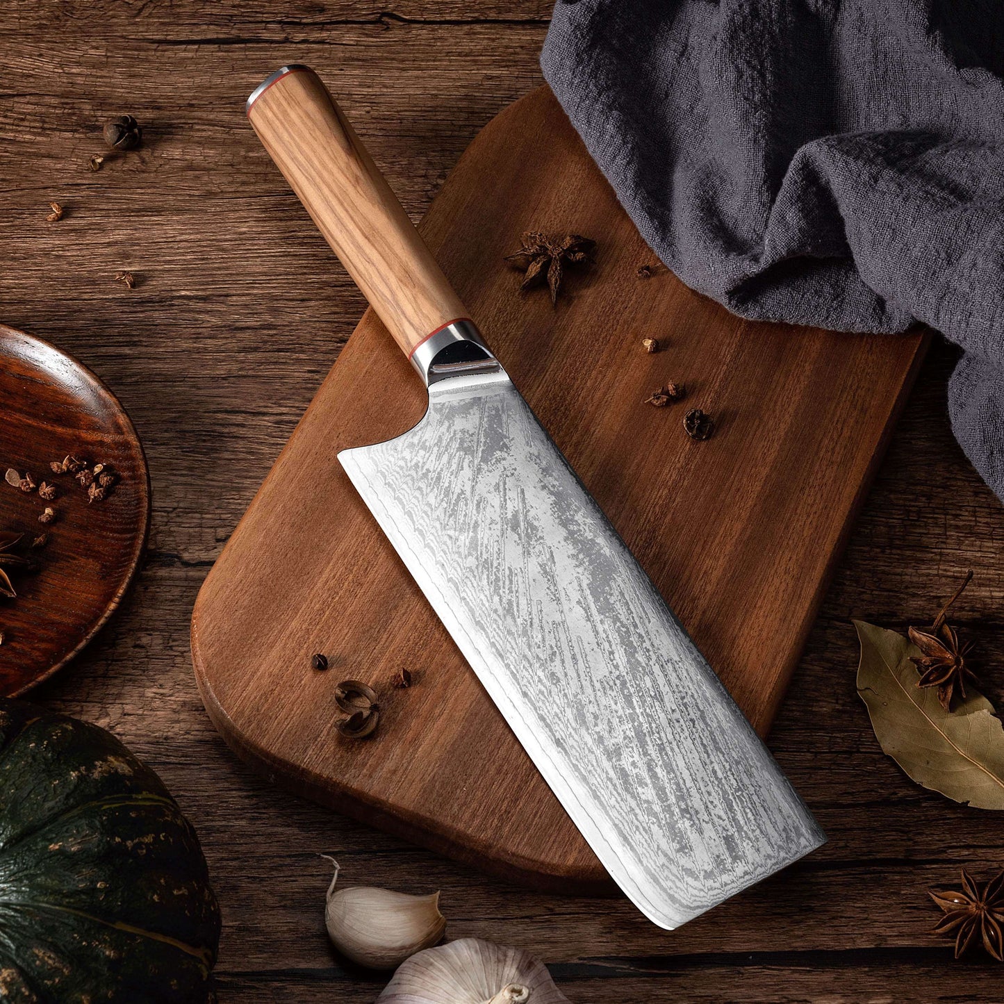 MIA X | Cleaver Knife 7" Damascus AUS10 Steel 67 Layer / Olive Wood handle Ginza Steel