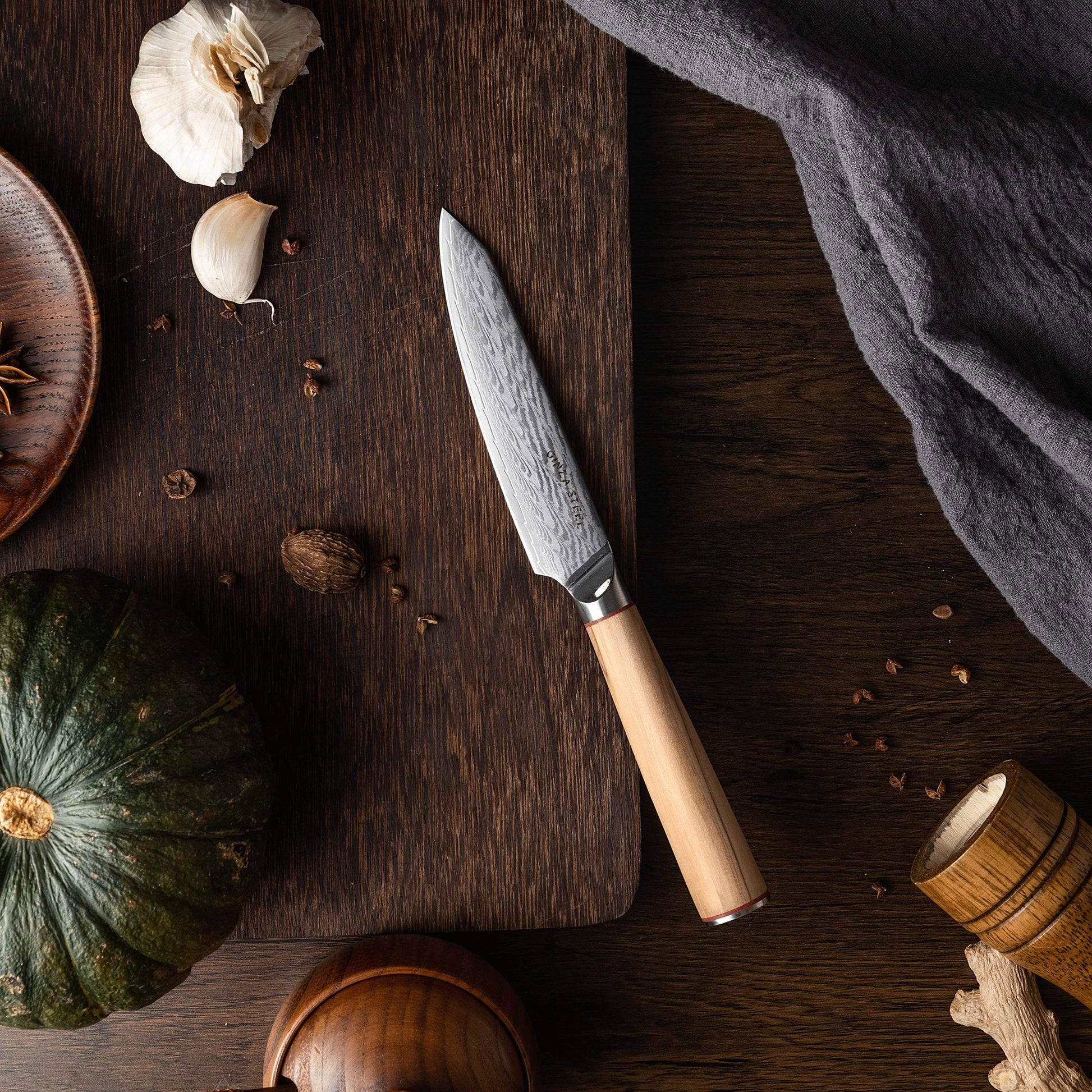 Ginza Steel MIA 12 Utility Knife 5” – Damascus AUS10, 67-Layer, Olive Wood Handle Ginza Steel