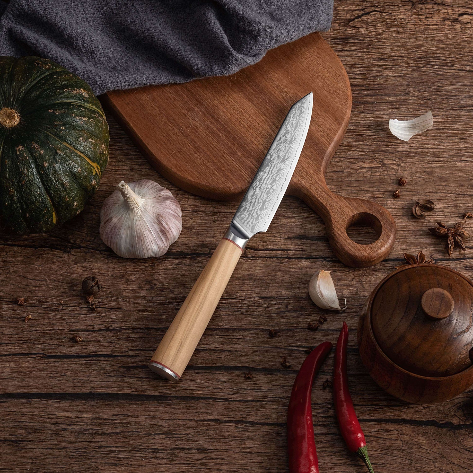 Ginza Steel MIA 12 Utility Knife 5” – Damascus AUS10, 67-Layer, Olive Wood Handle Ginza Steel
