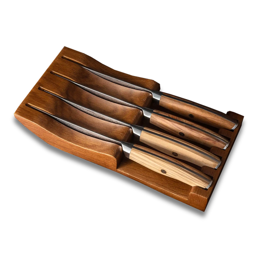Ginza Steel AMELIA Five – 4-Piece VG10 Damascus Steel Steak Knife Set with Wood Block Ginza Steel