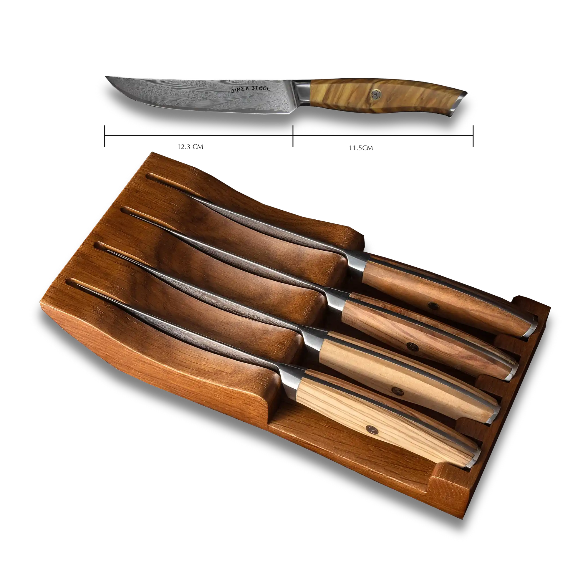Ginza Steel AMELIA Five – 4-Piece VG10 Damascus Steel Steak Knife Set with Wood Block Ginza Steel