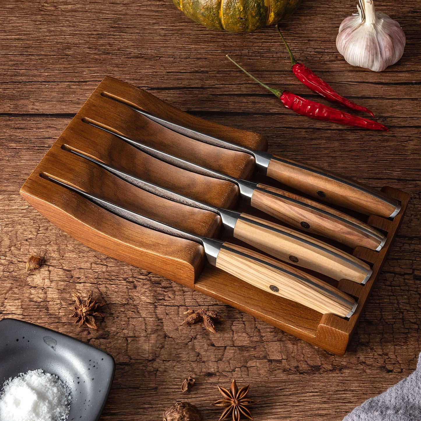 Ginza Steel AMELIA Five – 4-Piece VG10 Damascus Steel Steak Knife Set with Wood Block Ginza Steel