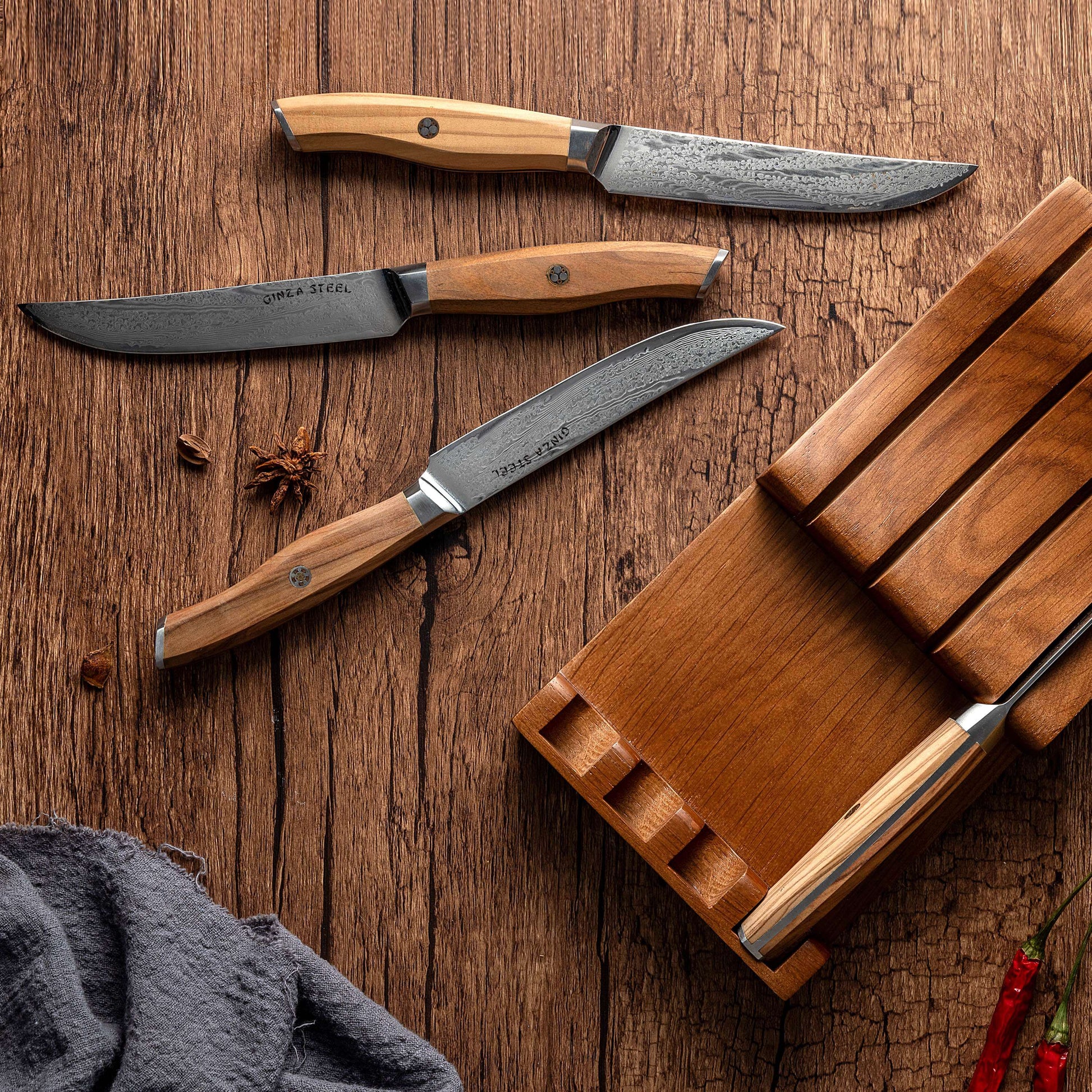Ginza Steel AMELIA Five – 4-Piece VG10 Damascus Steel Steak Knife Set with Wood Block Ginza Steel