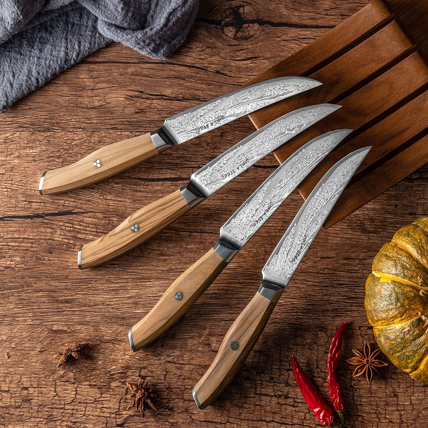 Ginza Steel AMELIA Five – 4-Piece VG10 Damascus Steel Steak Knife Set with Wood Block Ginza Steel