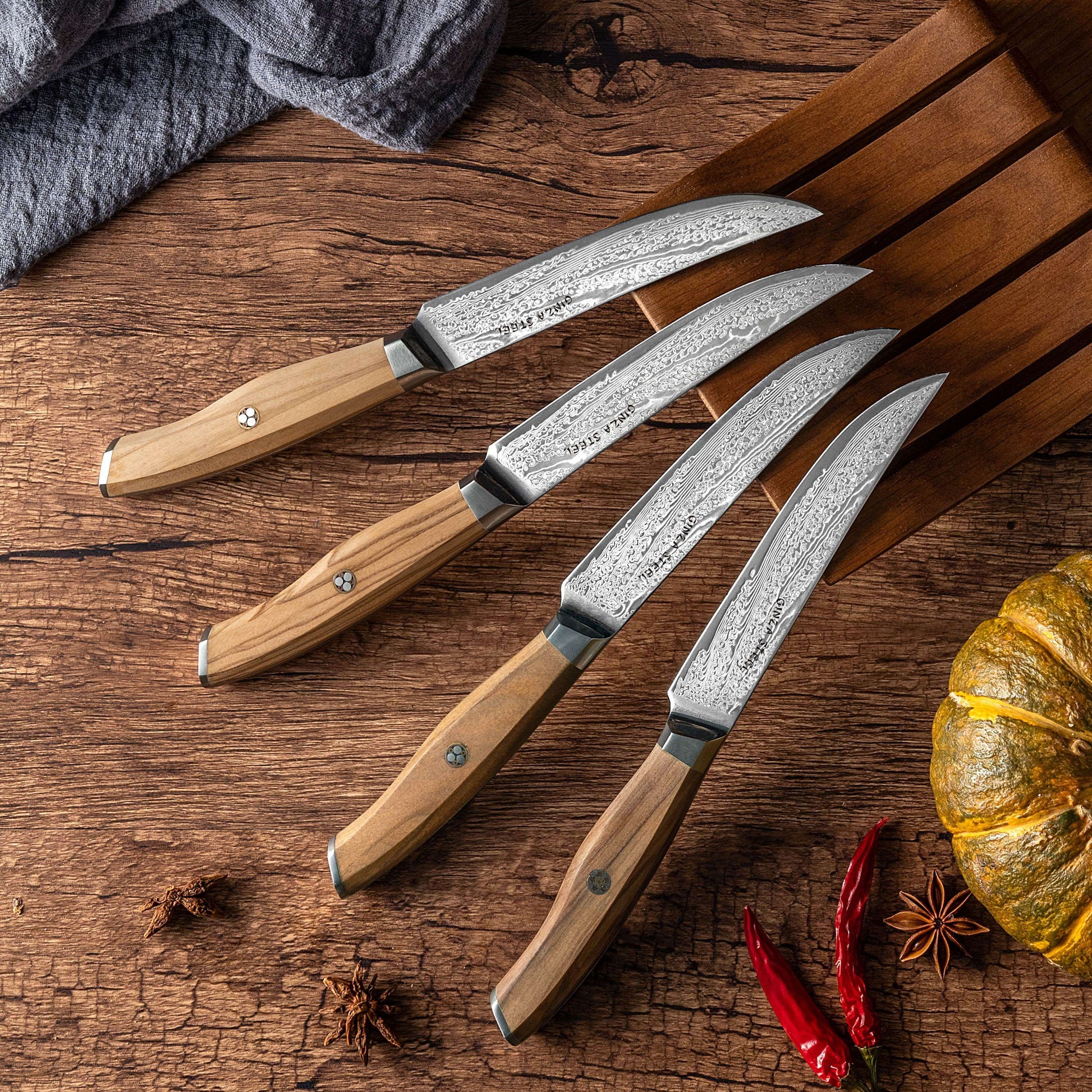 Ginza Steel AMELIA Five – 4-Piece VG10 Damascus Steel Steak Knife Set with Wood Block Ginza Steel