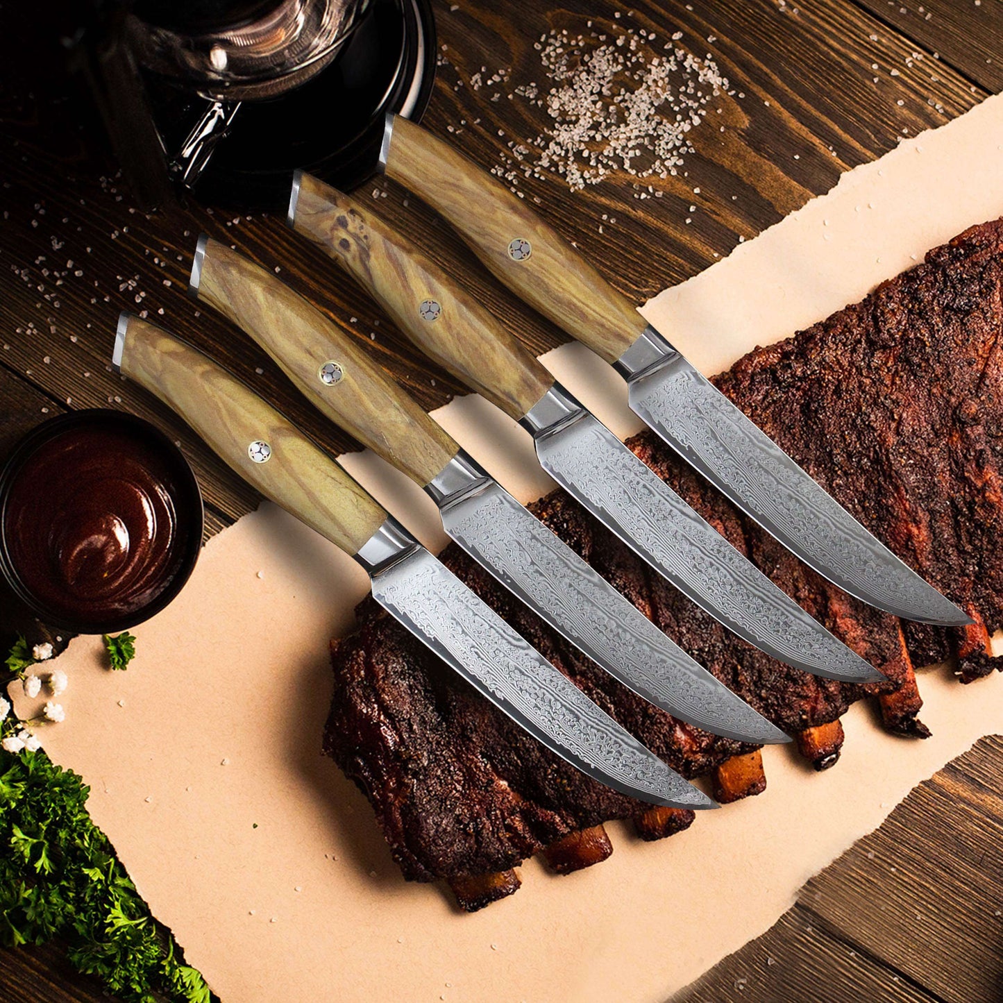 Ginza Steel AMELIA Five – 4-Piece VG10 Damascus Steel Steak Knife Set with Wood Block Ginza Steel