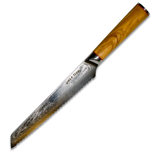 MIA Z | BREAD KNIFE 8" Damascus AUS10 Steel 67 Layer / Olive Wood handle Ginza Steel
