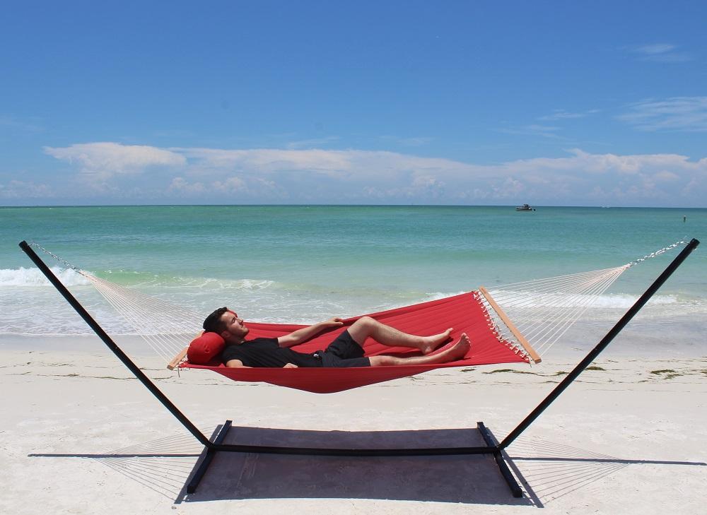 Olefin Double Quilted Hammock with Matching Pillow with 3-Beam Stand Hammock Universe Canada