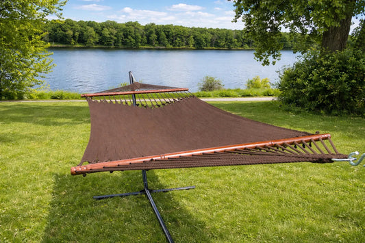 Deluxe Polyester Rope Hammock with 3-Beam Stand Hammock Universe Canada