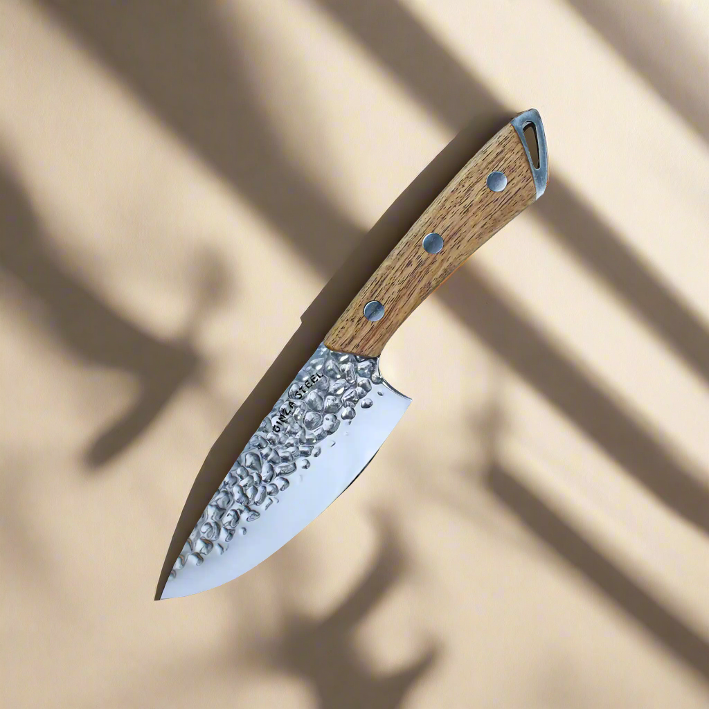 SHINOBI | Chef Knife 5-inch AUS8 hammered blade with Wood handle Ginza Steel