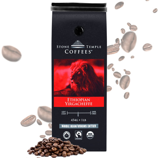 Ethiopian Yirgacheffe - Whole Bean, Medium Roast, Certified Organic OCIA/ Fairtrade Coffee 1lb/454g
