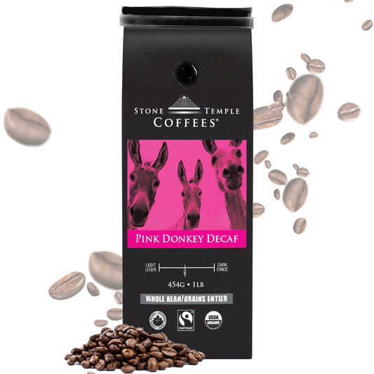 Pink Donkey Decaf - Whole Bean, Medium Roast, Certified Organic OCIA/ Fairtrade Coffee 1lb/454g