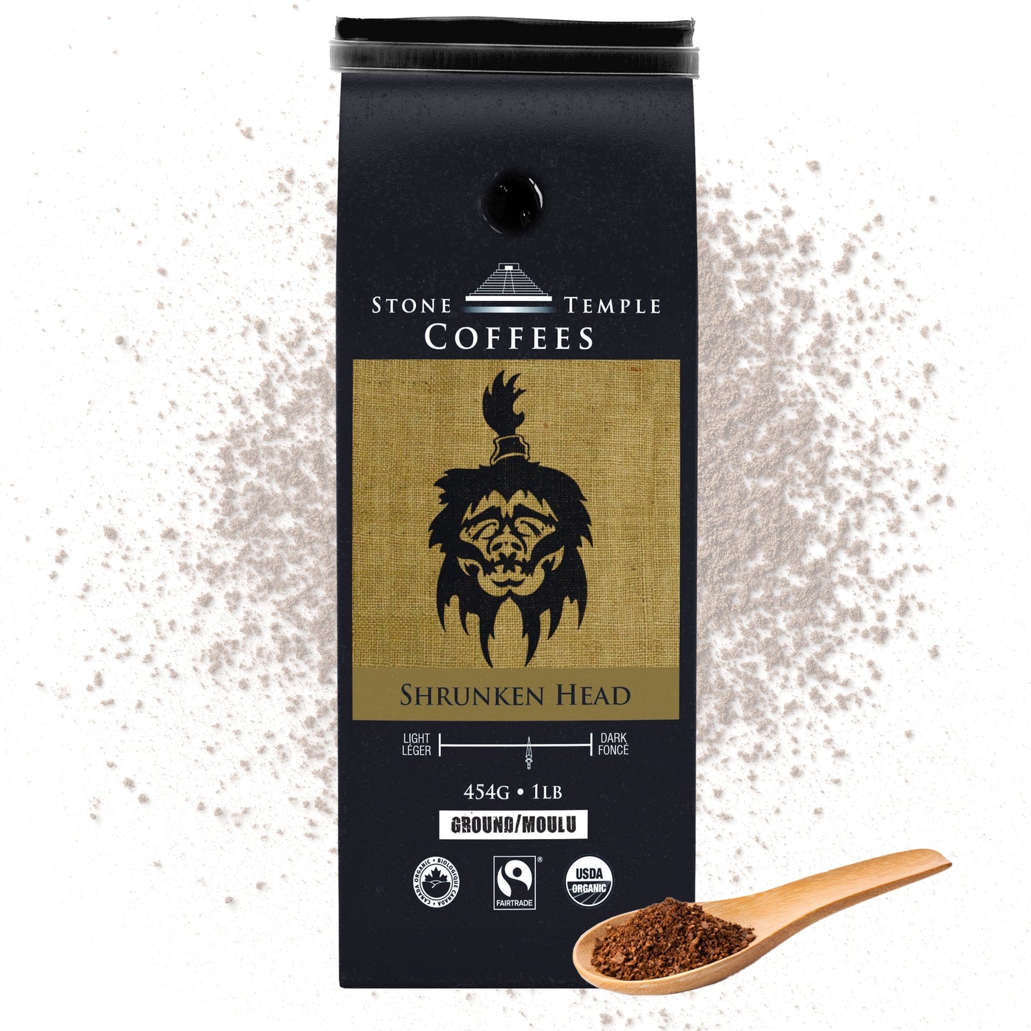Shrunken Head - Ground, Bold Medium Roast, Certified Organic OCIA/ Fairtrade Coffee 1lb/454g