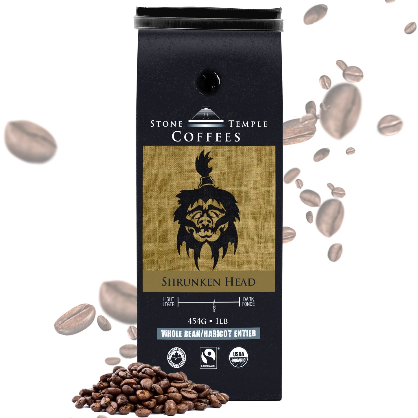 Shrunken Head - Whole Bean, Bold Medium Roast, Certified Organic OCIA/ Fairtrade Coffee 1lb/454g