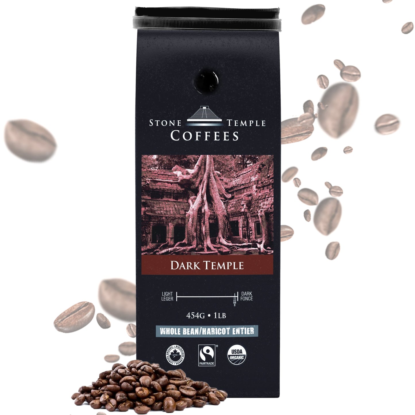 Dark Temple - Whole Bean, Dark French Roast, Certified Organic OCIA/ Fairtrade Coffee 1lb/ 454g