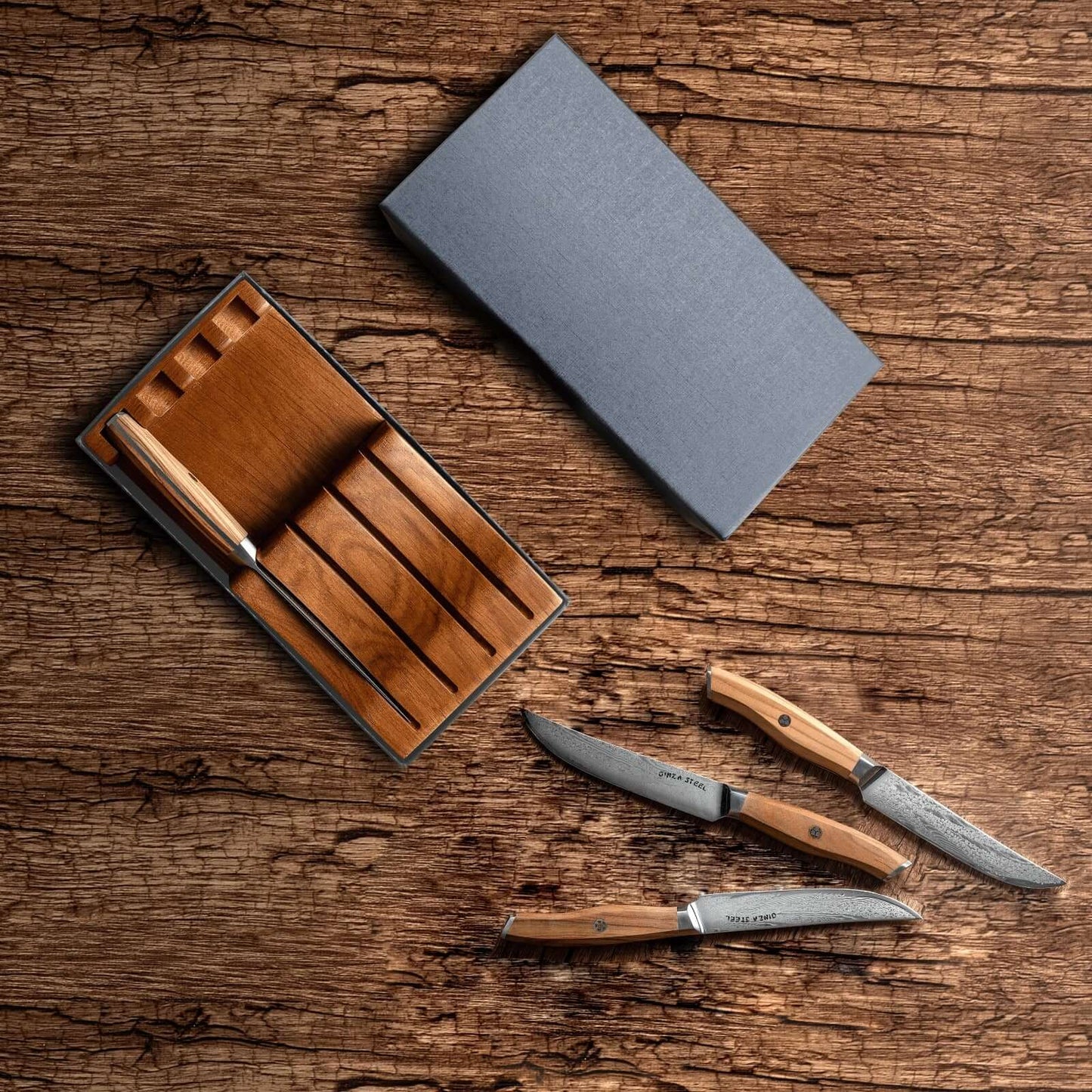 Ginza Steel AMELIA Five – 4-Piece VG10 Damascus Steel Steak Knife Set with Wood Block Ginza Steel