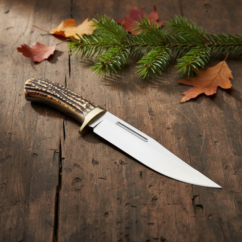 Bowie Hunting Knife Fixed blade with Faux Stag Horn Brass Guard
