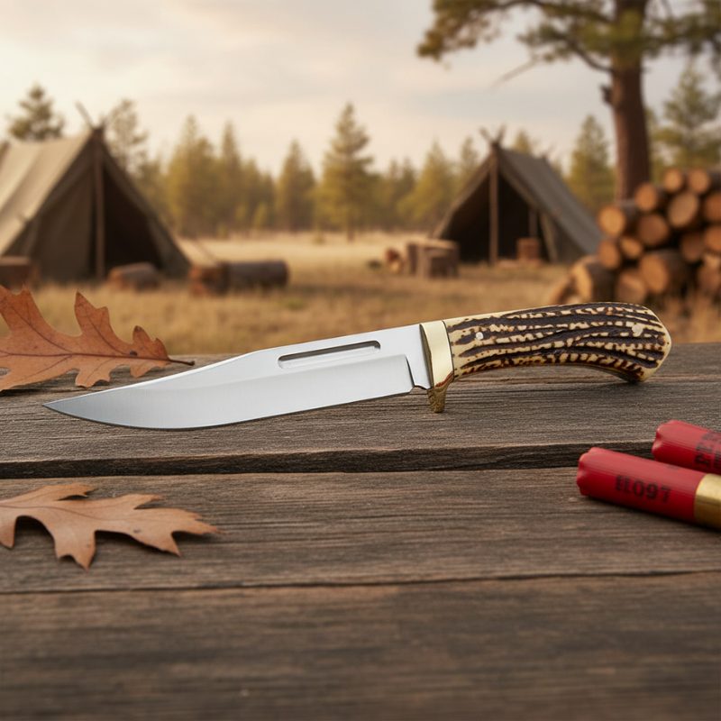 Bowie Hunting Knife Fixed blade with Faux Stag Horn Brass Guard