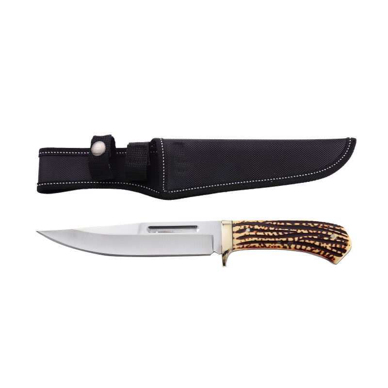 Bowie Hunting Knife Fixed blade with Faux Stag Horn Brass Guard