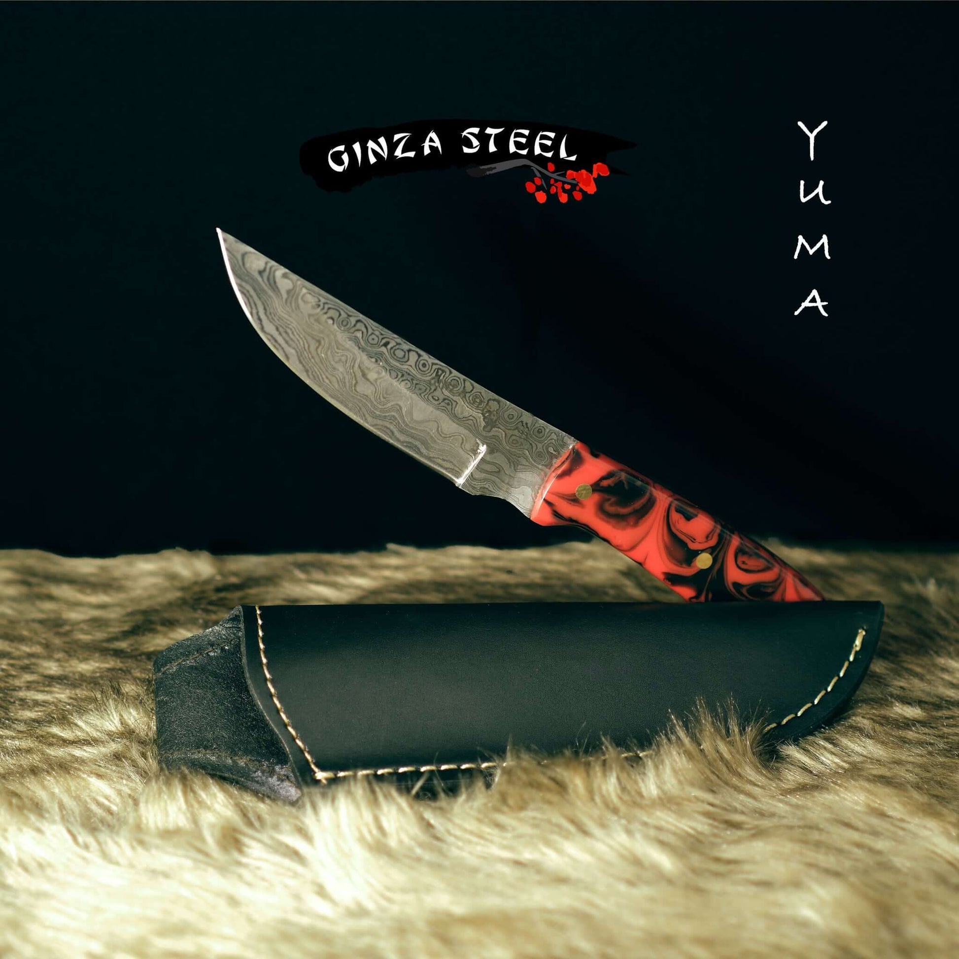YUMA Damascus Steel Skinner Knife 5 inch blade with Original Cow leather sheath Ginza Steel