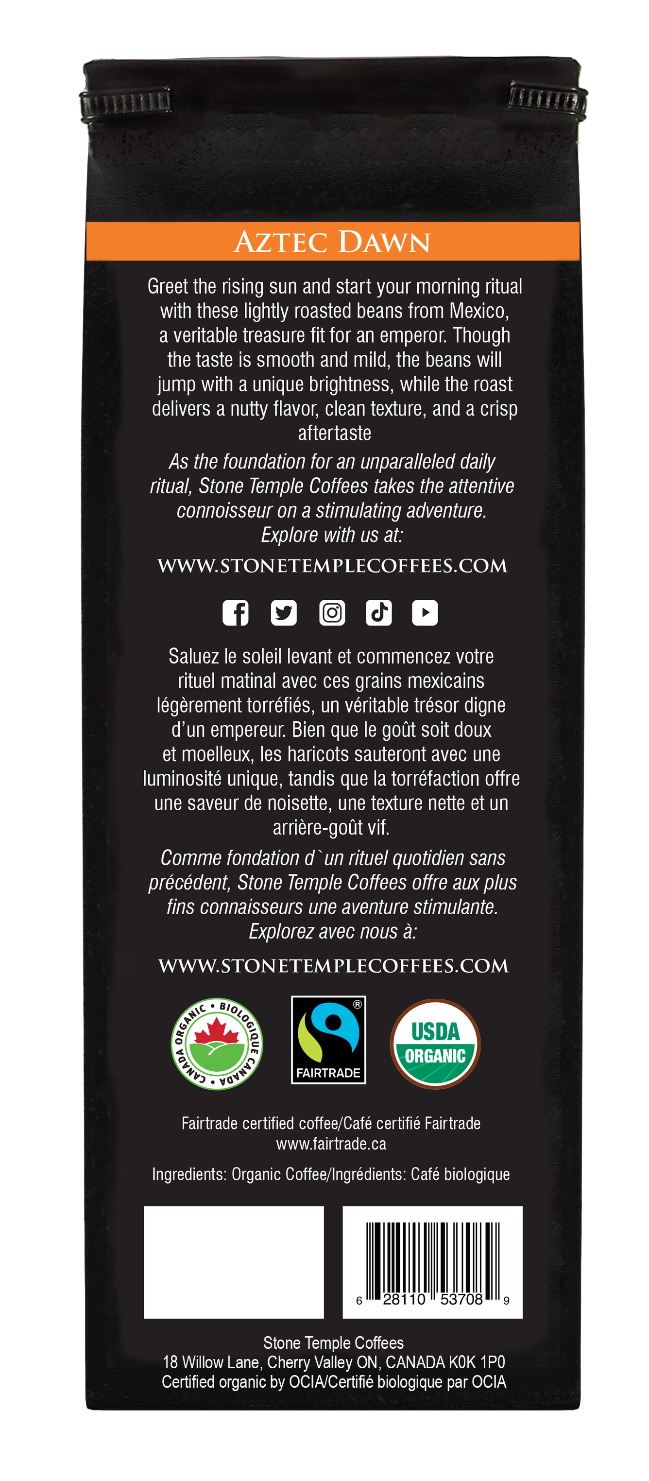 Aztec Dawn - Ground, Light Roast, Certified Organic OCIA/ Fairtrade Coffee 1lb/454g