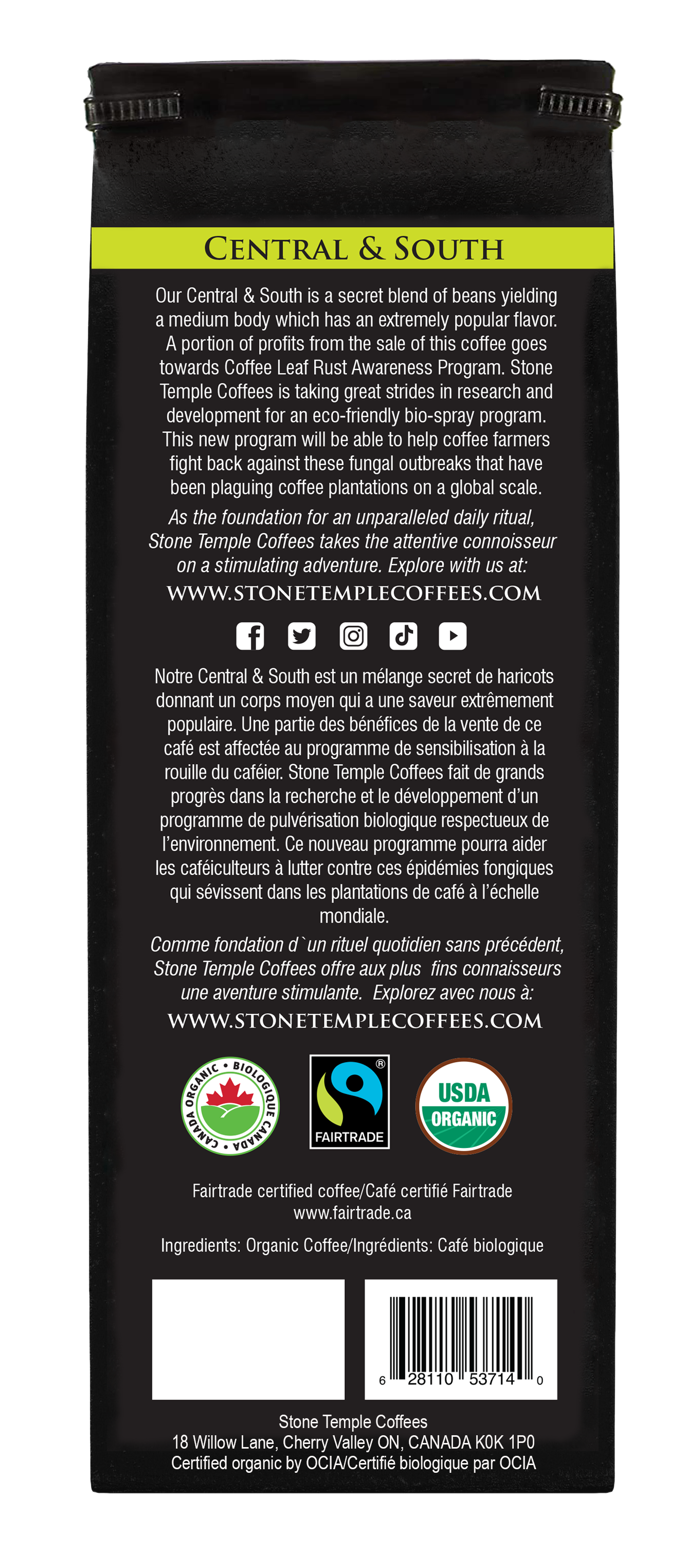 Central & South - Ground, Medium Roast, Certified Organic OCIA/ Fairtrade Coffee 1lb/454g