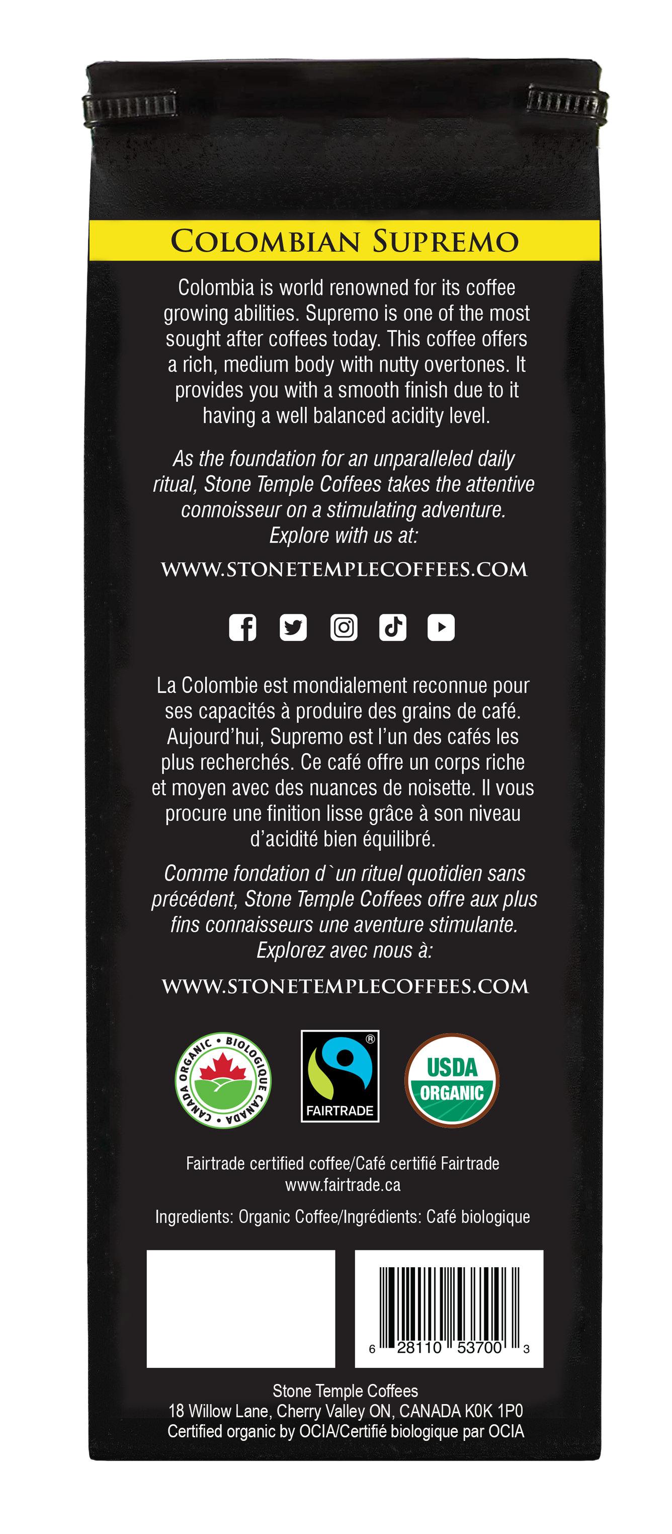 Colombian Supremo - Whole Bean, Medium Roast, Certified Organic OCIA/ Fairtrade Coffee 1lb/454g