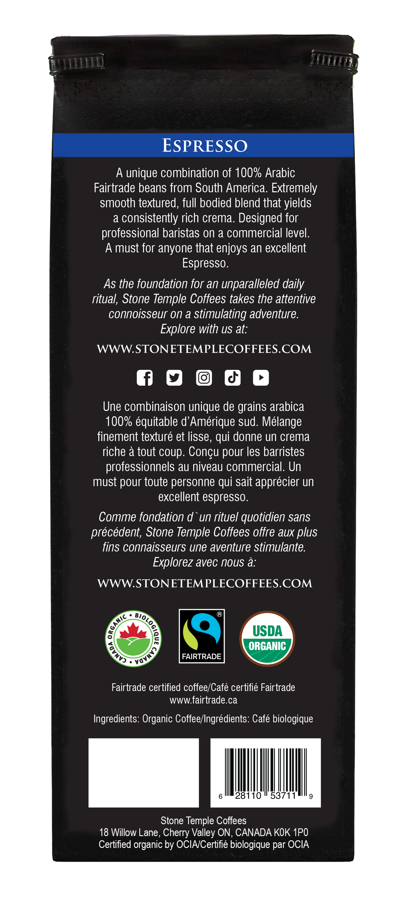 Espresso - Whole Bean, Espresso Roast, Certified Organic OCIA/ Fairtrade Coffee 1lb/454g