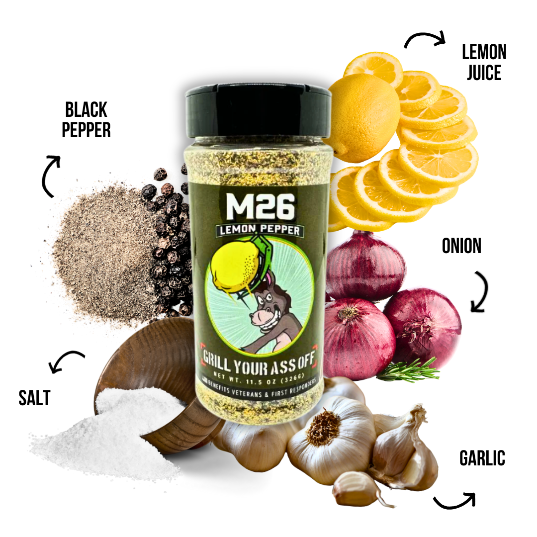 M26 Lemon Pepper Seasoning – Bold Citrus & Pepper Blend Grill Your Ass Off - Spices, Rubs, Seasonings, Sauces, Jerky