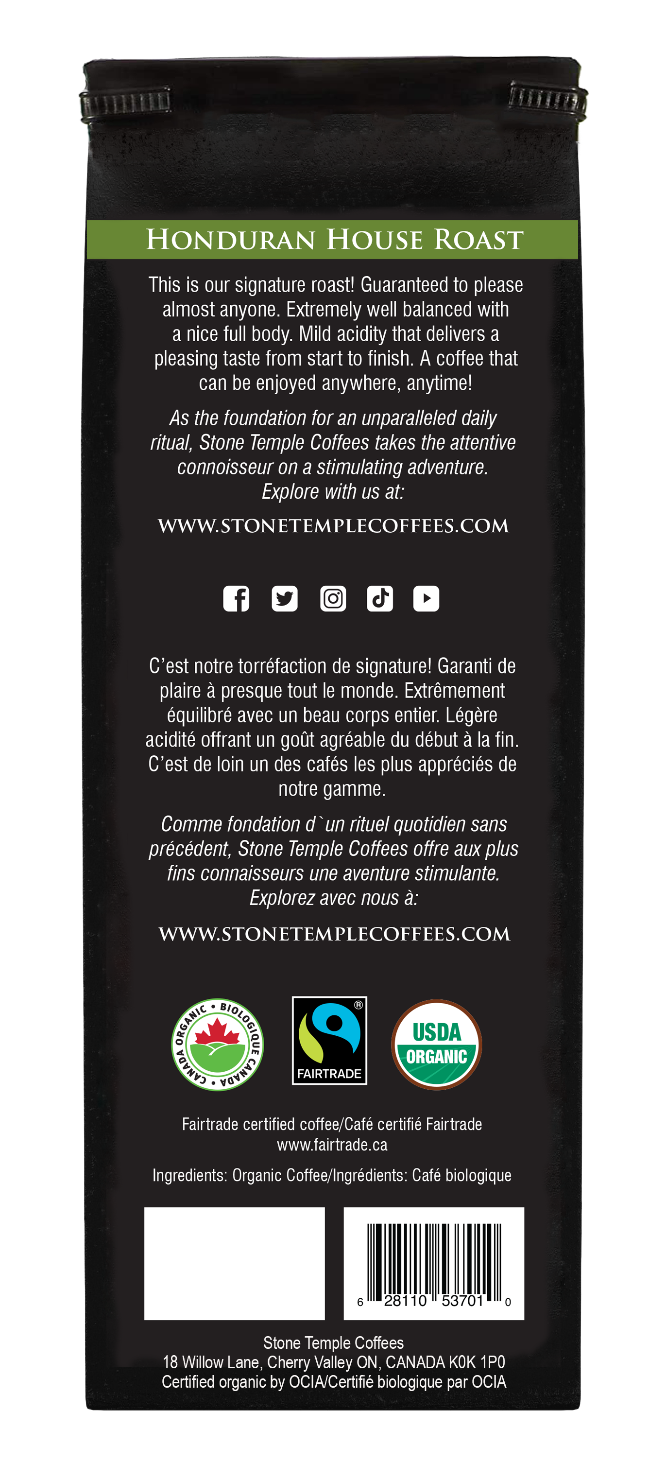 Honduran House Roast - Ground, Medium Roast, Certified Organic OCIA/ Fairtade Coffee 1lb/454g