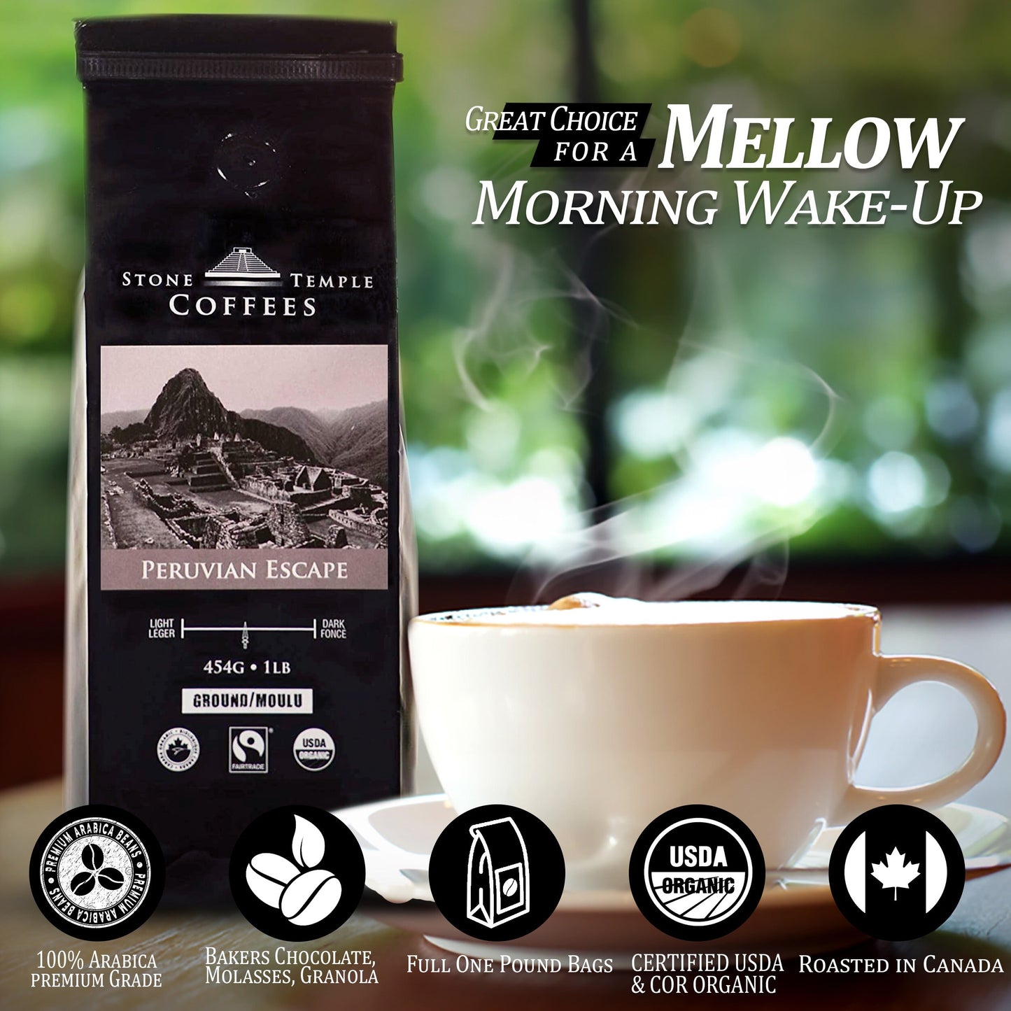 Peruvian Escape - Ground, Medium Roast, Certified Organic OCIA/ Fairtrade Coffee 1lb/454g