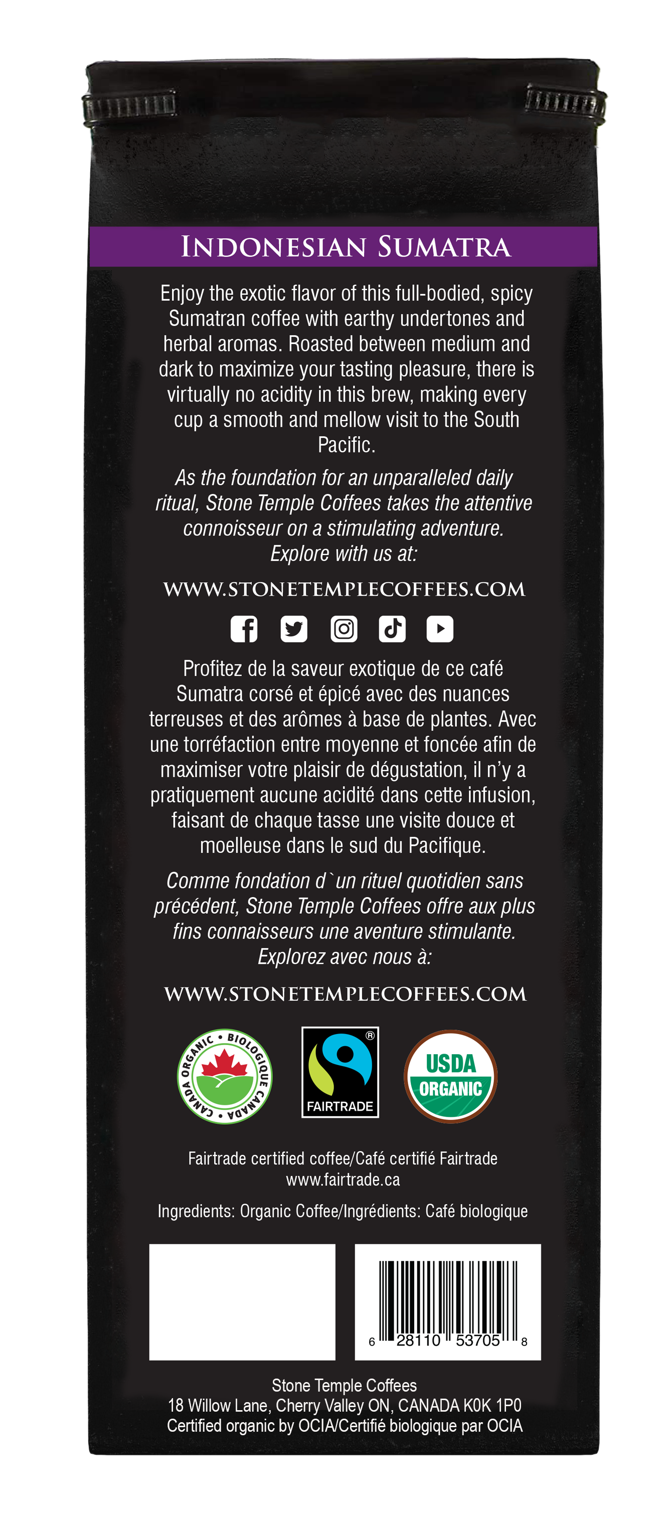 Indonesian Sumatra - Ground, Medium Roast, Certified Organic OCIA/ Fairtade Coffee 1lb/454g