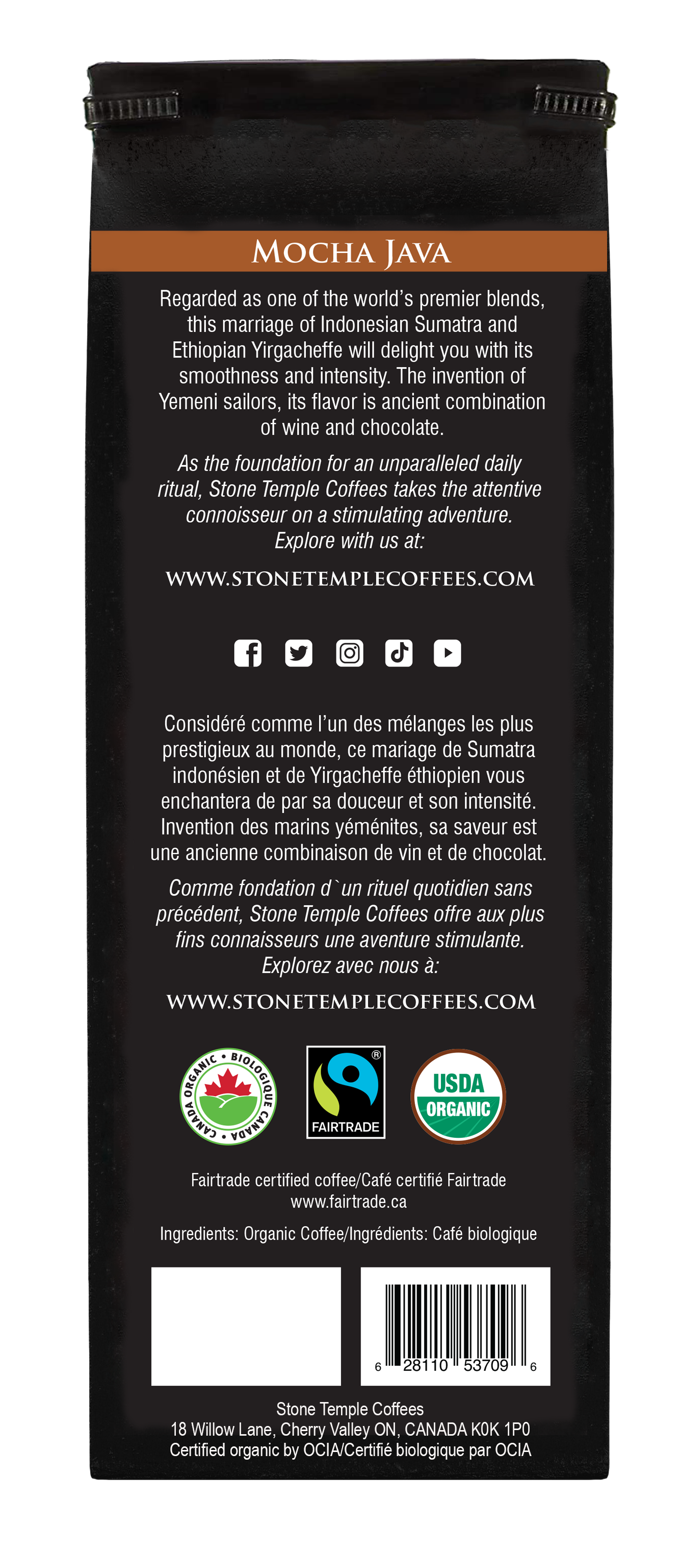 Mocha Java - Ground, Medium Roast, Certified Organic OCIA/ Fairtrade Coffee 1lb/454g