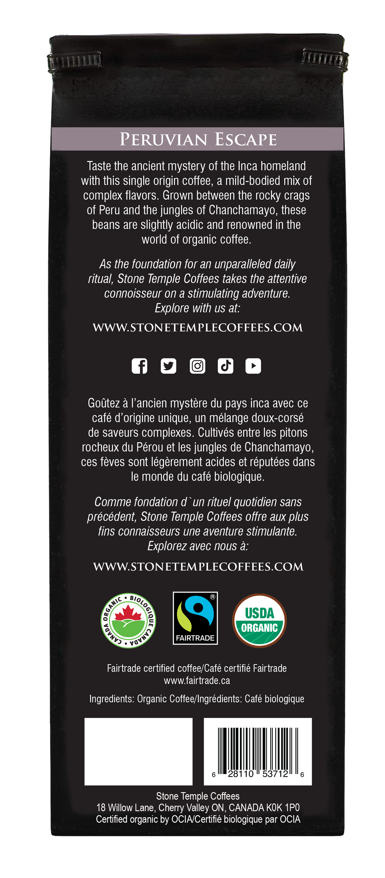 Peruvian Escape - Ground, Medium Roast, Certified Organic OCIA/ Fairtrade Coffee 1lb/454g