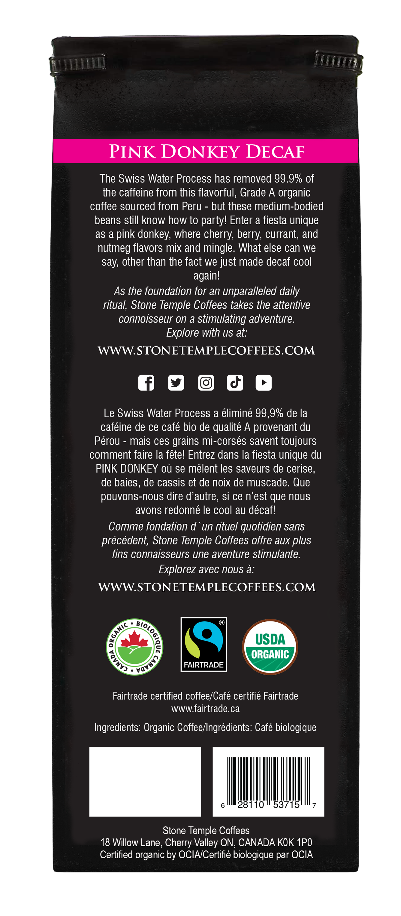 Pink Donkey Decaf - Ground, Medium Roast, Certified Organic OCIA/ Fairtrade Coffee 1lb/454g