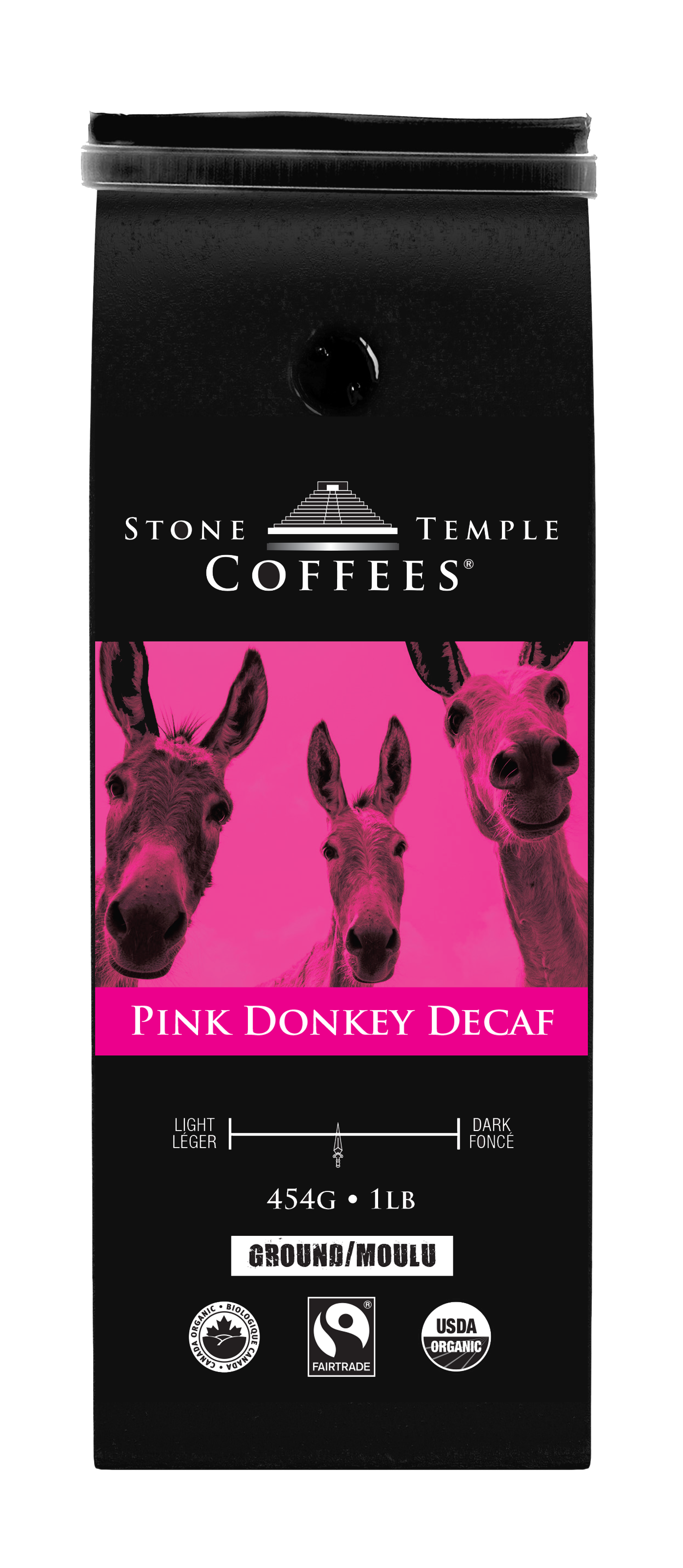Pink Donkey Decaf - Ground, Medium Roast, Certified Organic OCIA/ Fairtrade Coffee 1lb/454g
