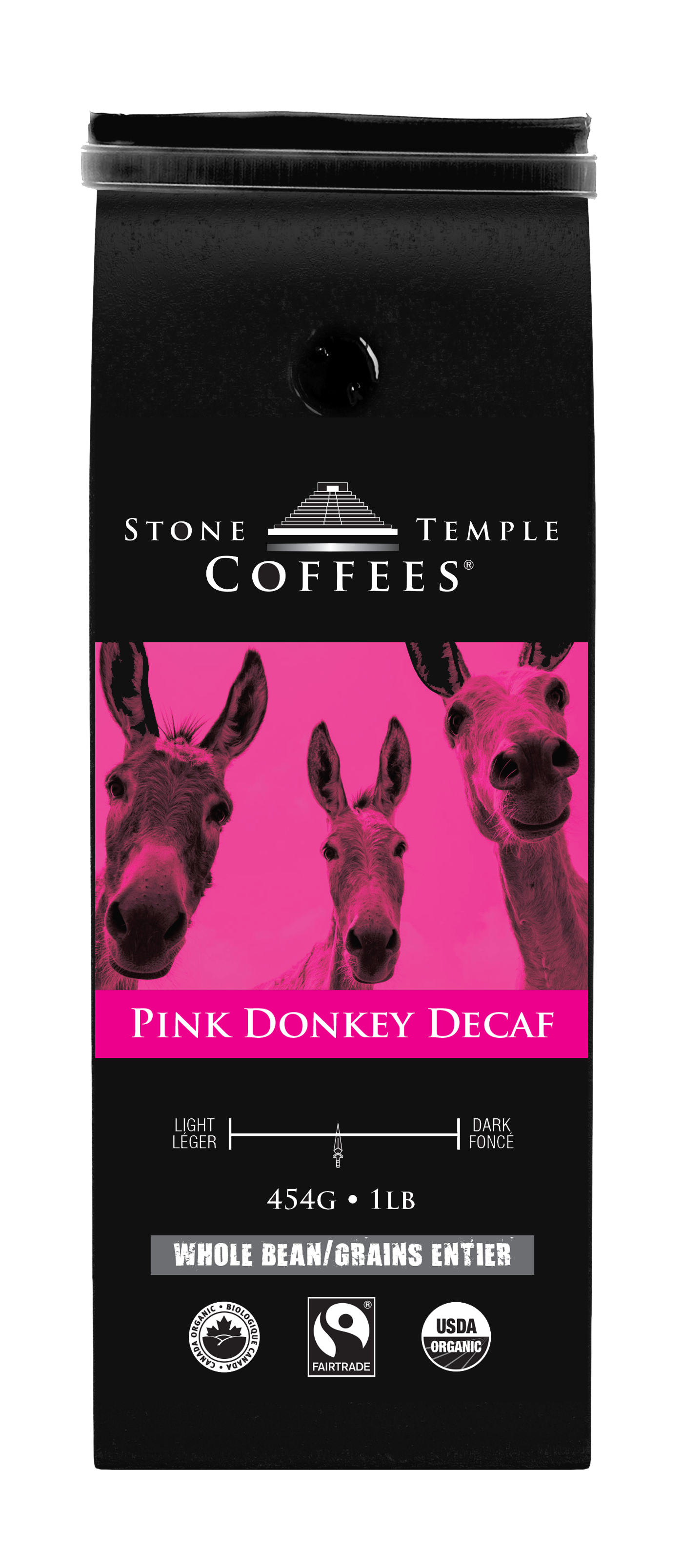 Pink Donkey Decaf - Whole Bean, Medium Roast, Certified Organic OCIA/ Fairtrade Coffee 1lb/454g