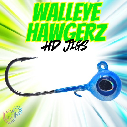 Walleye Hawgerz HD (Long Shank Jig) - UV Glow Blue Jig - 3 Pack