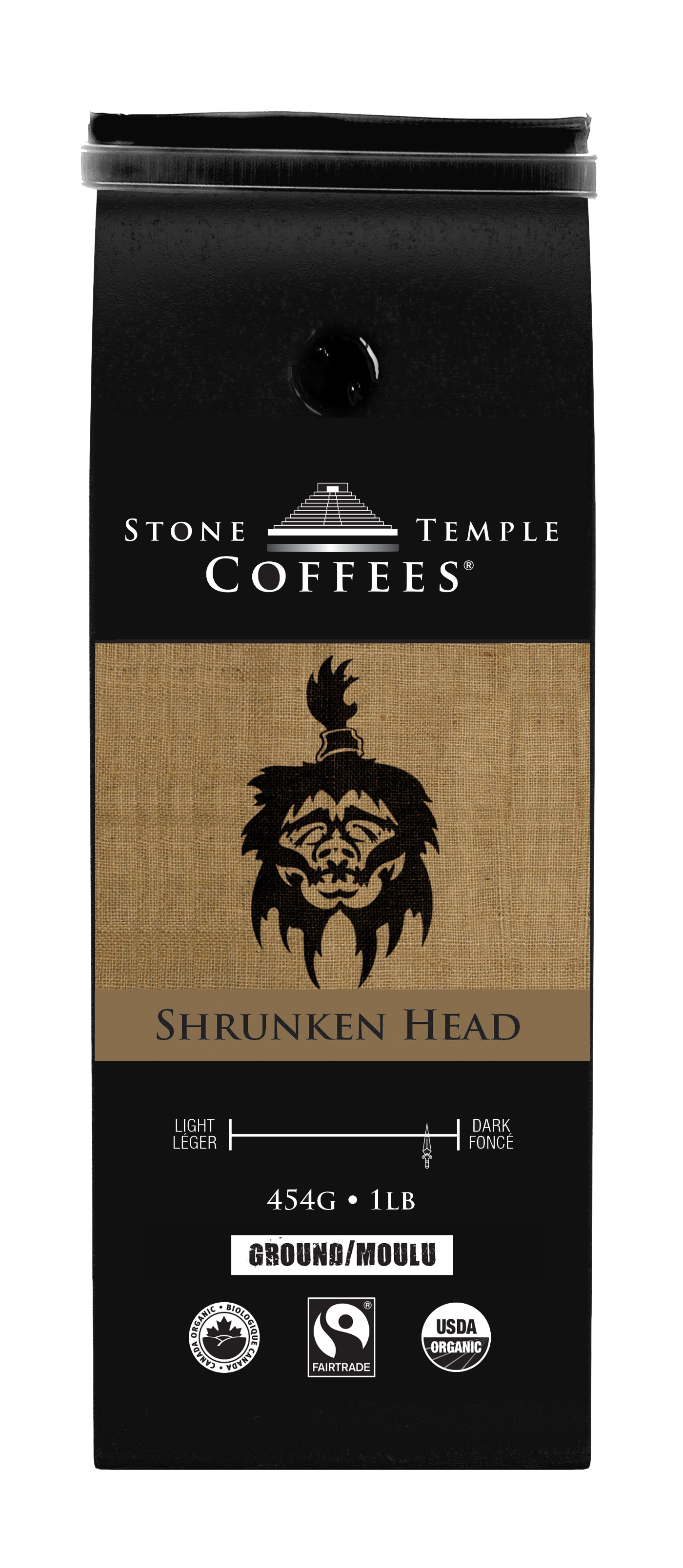 Shrunken Head - Ground, Bold Medium Roast, Certified Organic OCIA/ Fairtrade Coffee 1lb/454g