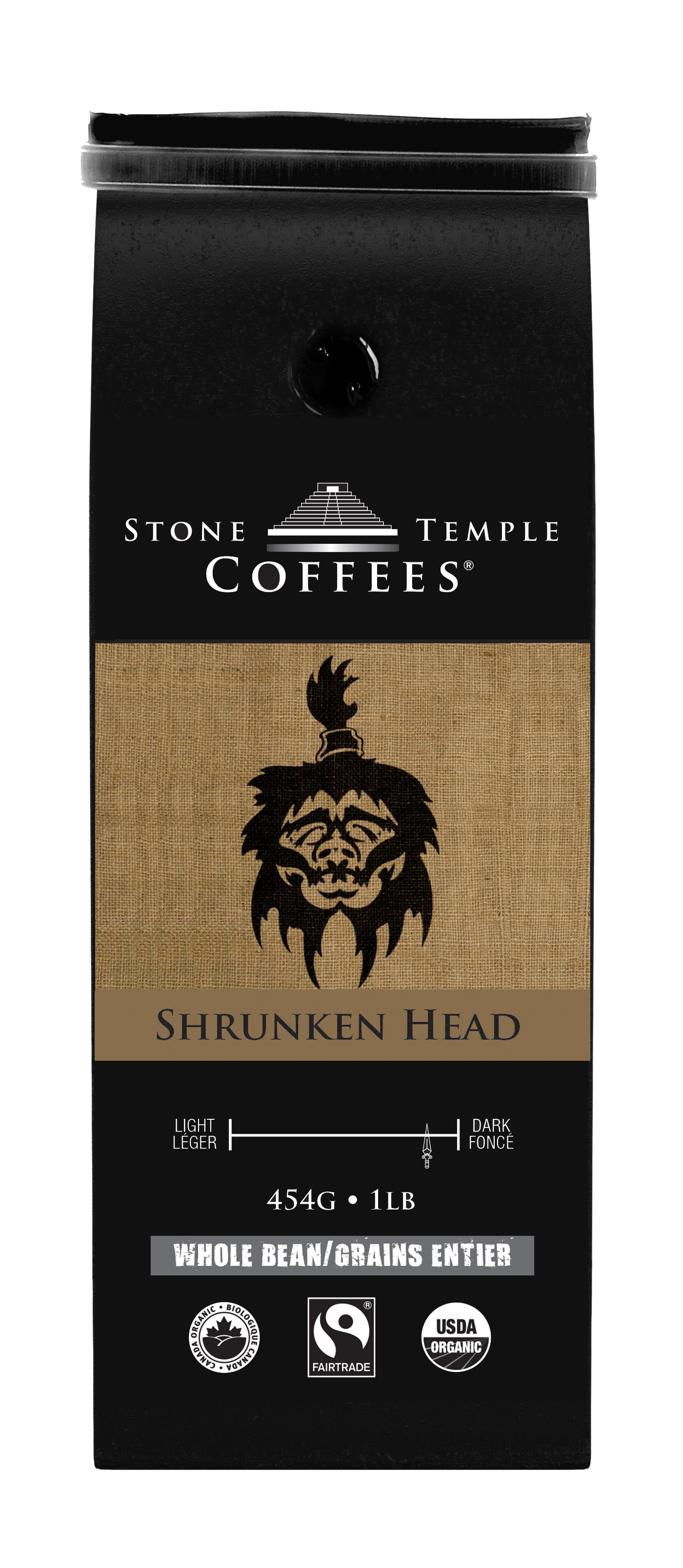 Shrunken Head - Whole Bean, Bold Medium Roast, Certified Organic OCIA/ Fairtrade Coffee 1lb/454g