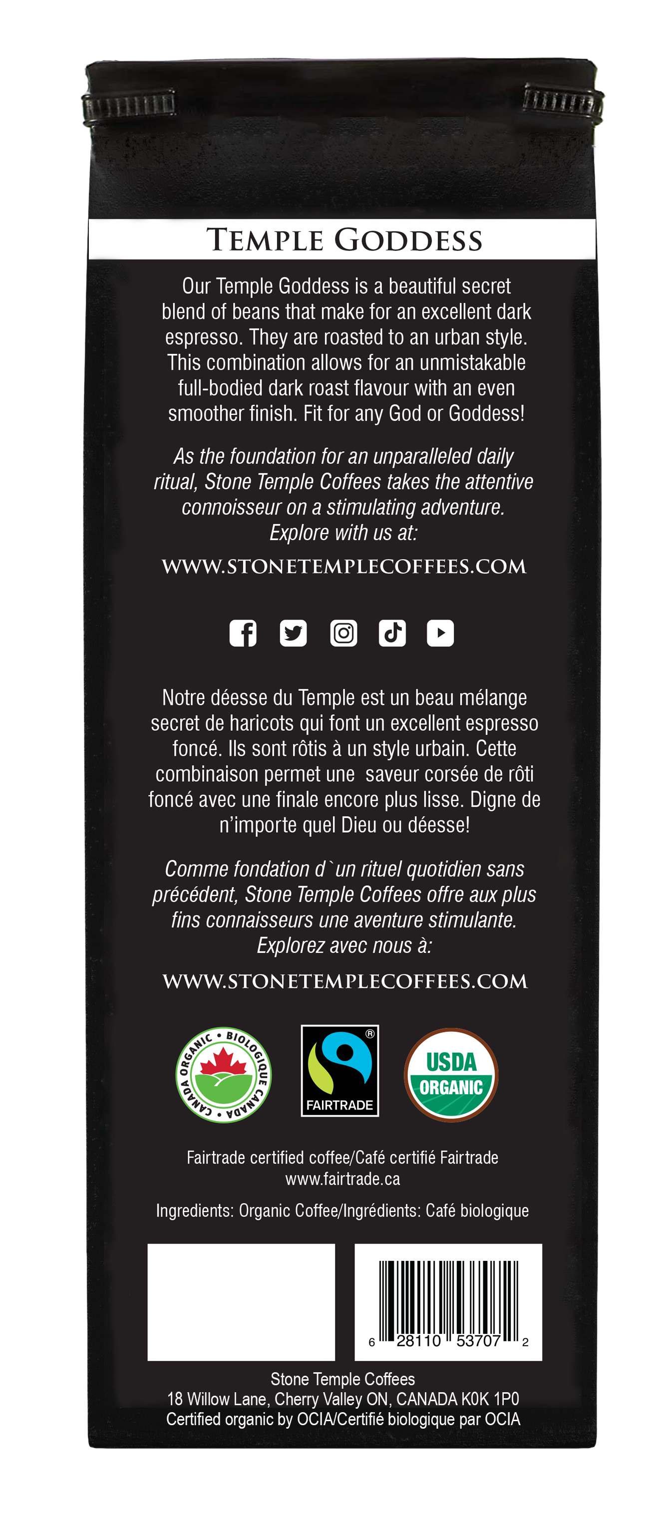 Temple Goddess - Ground, Dark Espresso, Certified Organic OCIA/ Fairtrade Coffee 1lb/ 454g
