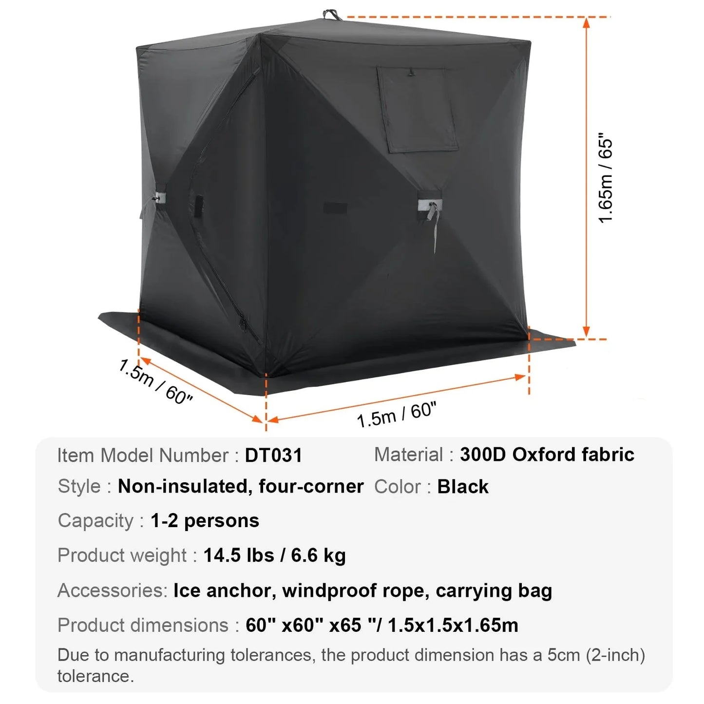 VEVOR Portable Ice Shelter, 1-2 Person Pop-Up Ice Fishing Tent, 24 Square Feet Fishable Area, Ice Shanty for Winter Fishing, Waterproof Oxford Ice Cube with Anchors/Ropes/Carrying Bag, 60"x60", Black