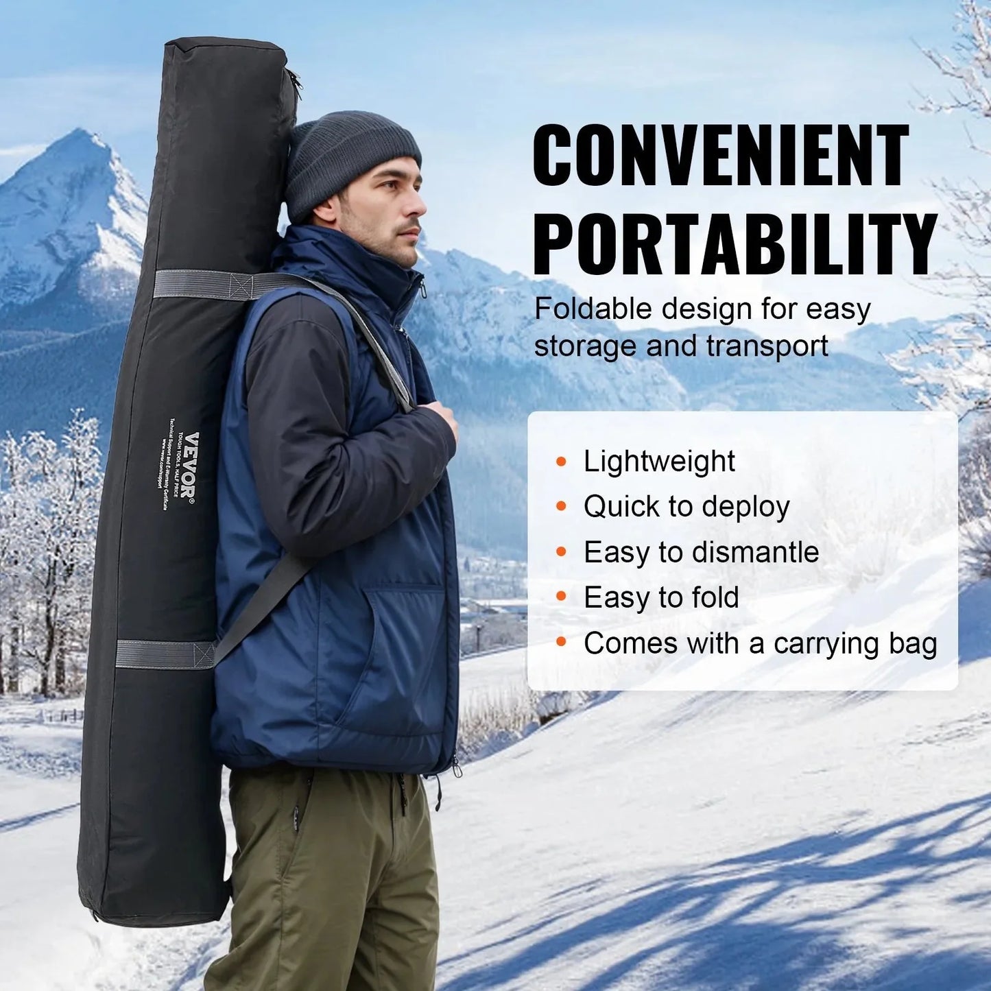 VEVOR Portable Ice Shelter, 3-4 Person Pop-Up Ice Fishing Tent, 43 Square Feet Fishable Area, Ice Shanty for Winter Fishing, Waterproof Oxford Ice Cube with Anchors/Ropes/Carrying Bag, 90"x90", Black
