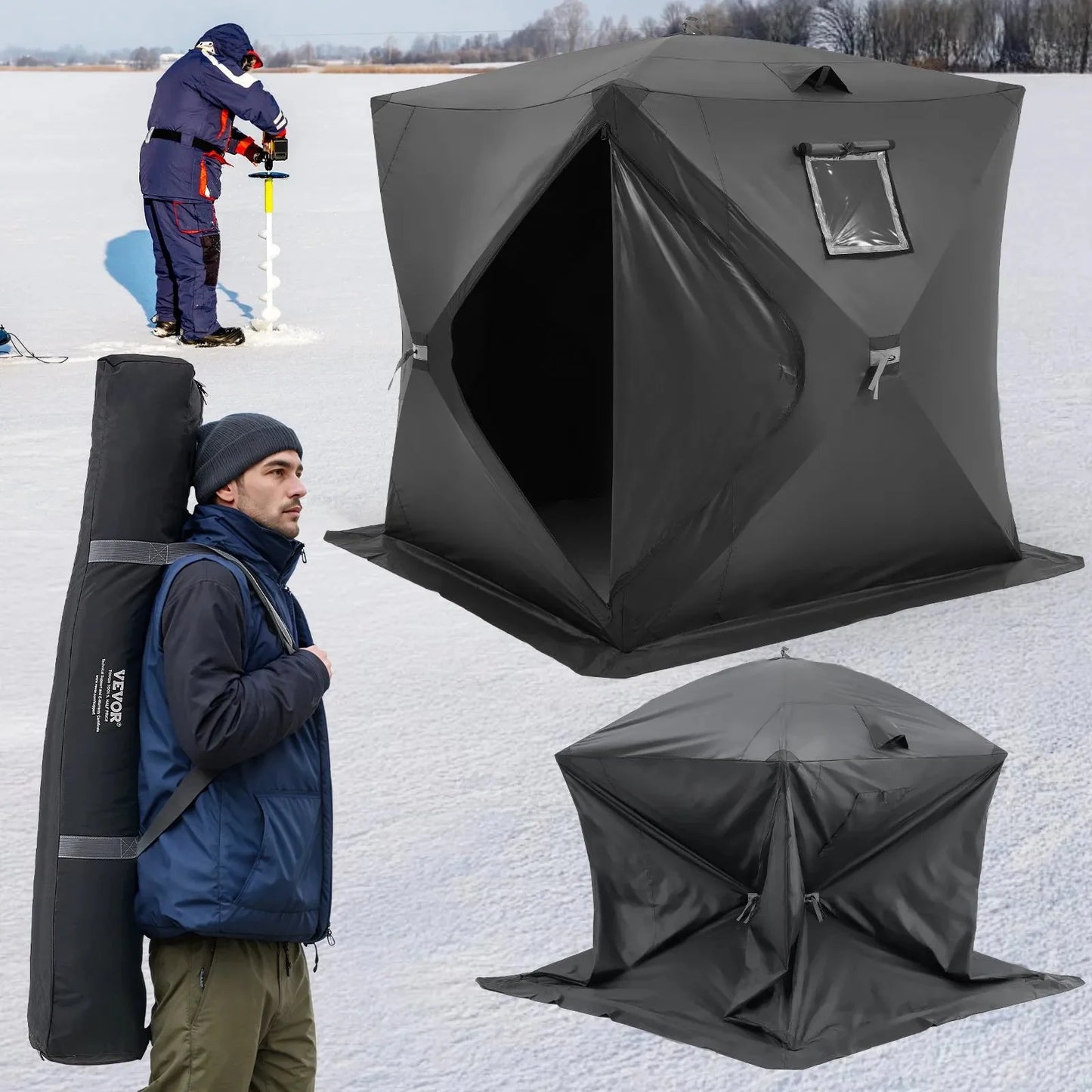 VEVOR Portable Ice Shelter, 3-4 Person Pop-Up Ice Fishing Tent, 43 Square Feet Fishable Area, Ice Shanty for Winter Fishing, Waterproof Oxford Ice Cube with Anchors/Ropes/Carrying Bag, 90"x90", Black