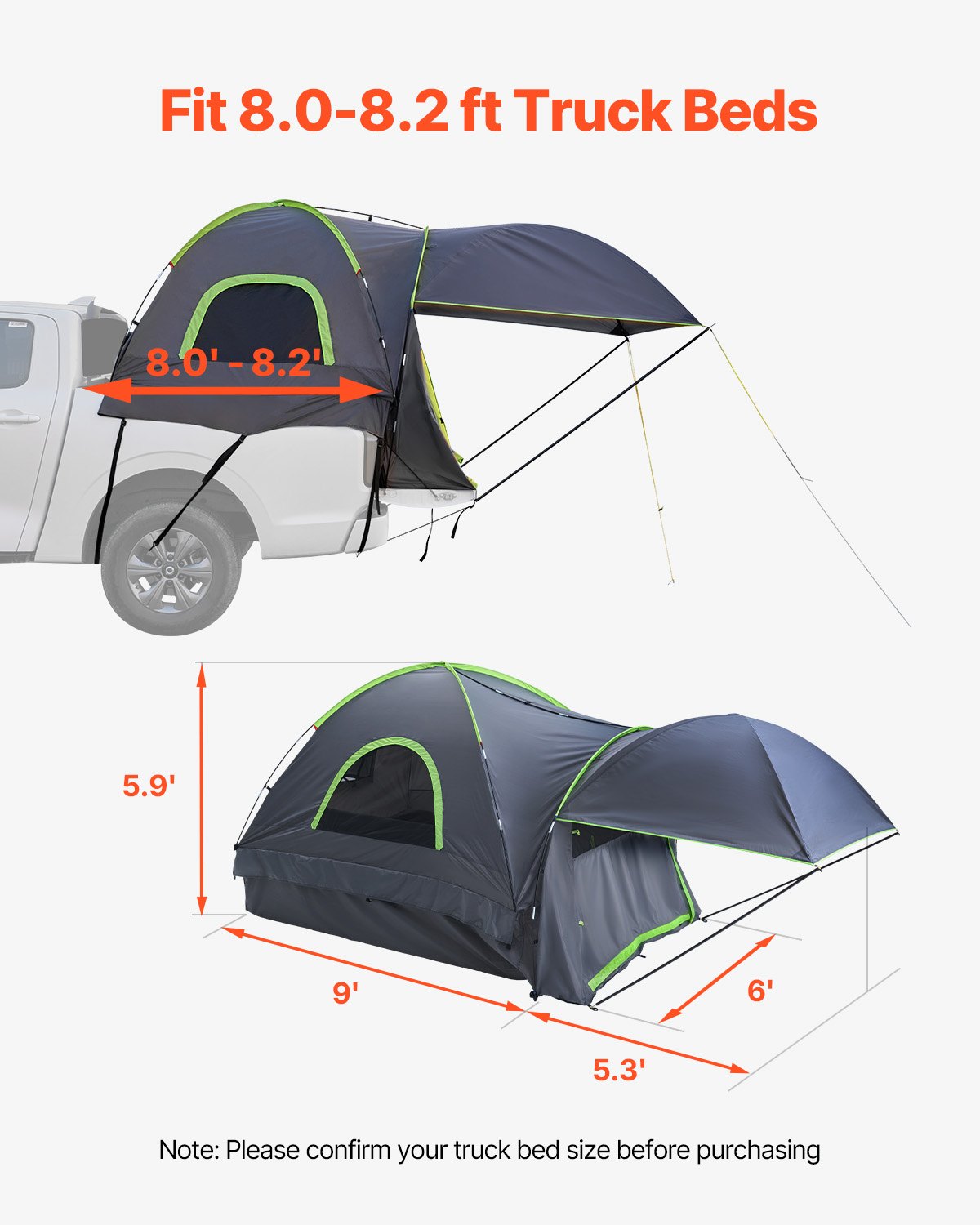 VEVOR Truck Tent 8.0-8.2ft Waterproof PU2000 Truck Bed Camping Tent 2-3 Person totalfindz