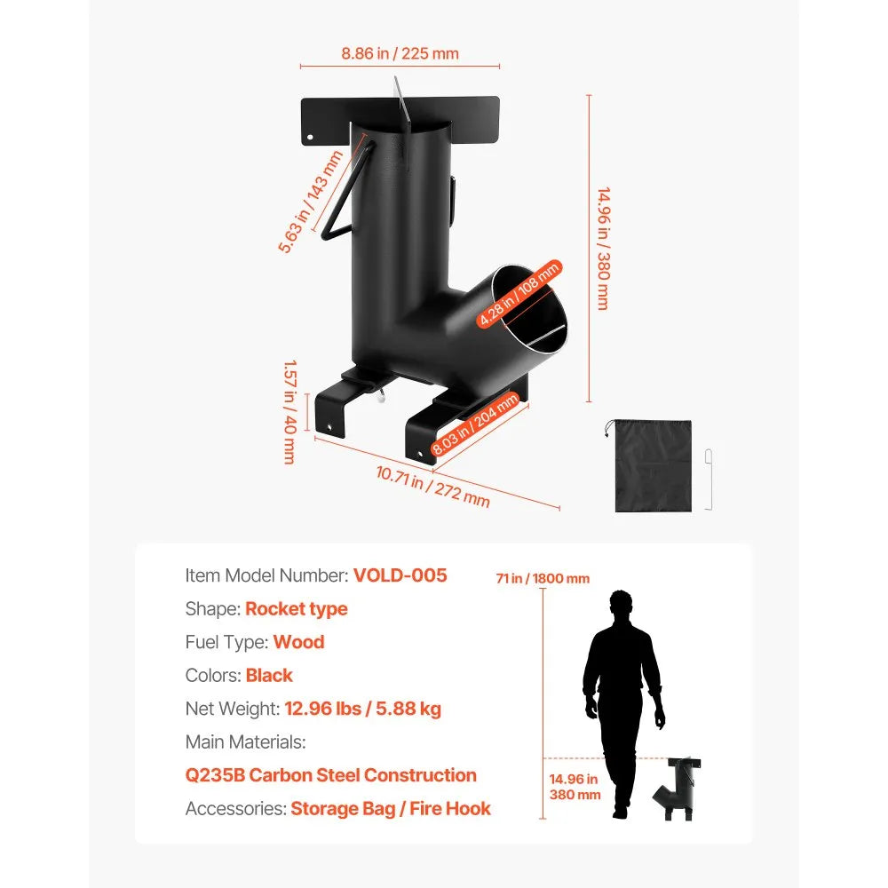 VEVOR Camping Rocket Stove, Portable Wood Burning Stove with Carrying Bag for Backpacking & Outdoor Cooking