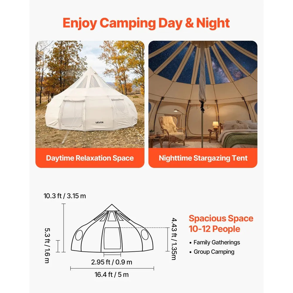 VEVOR 16.4 ft Canvas Bell Tent – 4 Season Glamping Yurt Tent with Stove Jack, Stargazing Roof & Rain Cover for 10-12 People