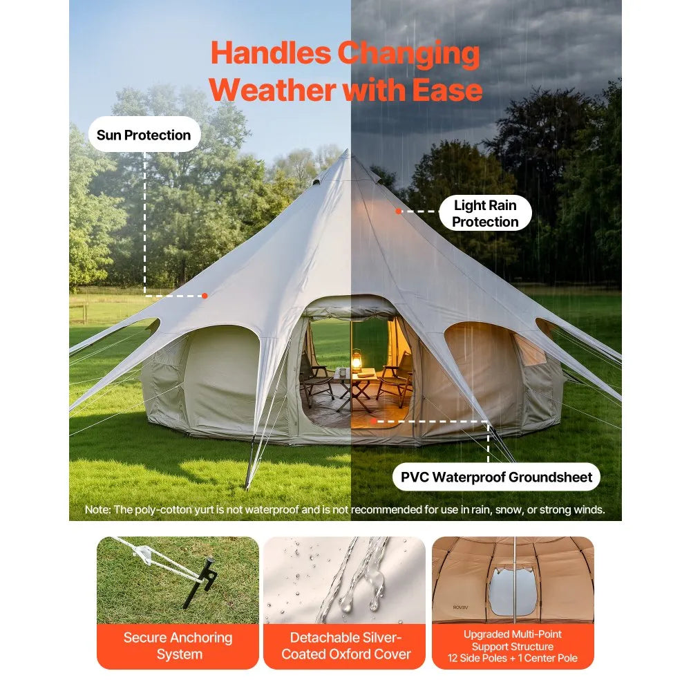 VEVOR 16.4 ft Canvas Bell Tent – 4 Season Glamping Yurt Tent with Stove Jack, Stargazing Roof & Rain Cover for 10-12 People